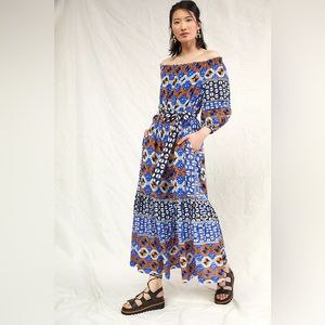 Anthropologie Abstract Flounced Off-The-Shoulder Maxi Dress